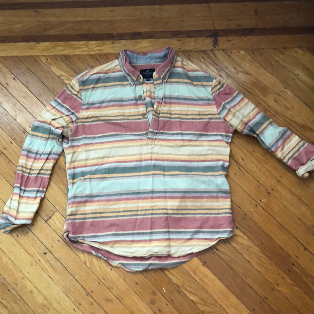 American Eagle L vintage color scheme quarter button long sleeve shirt